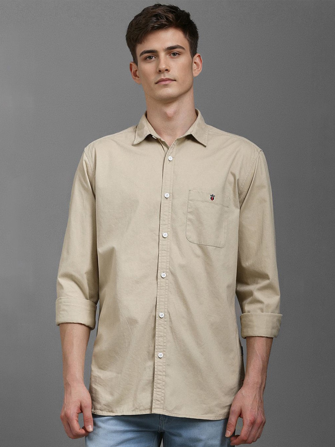 

Louis Philippe Jeans Men Spread Collar Solid Cotton Slim Fit Casual Shirt, Beige
