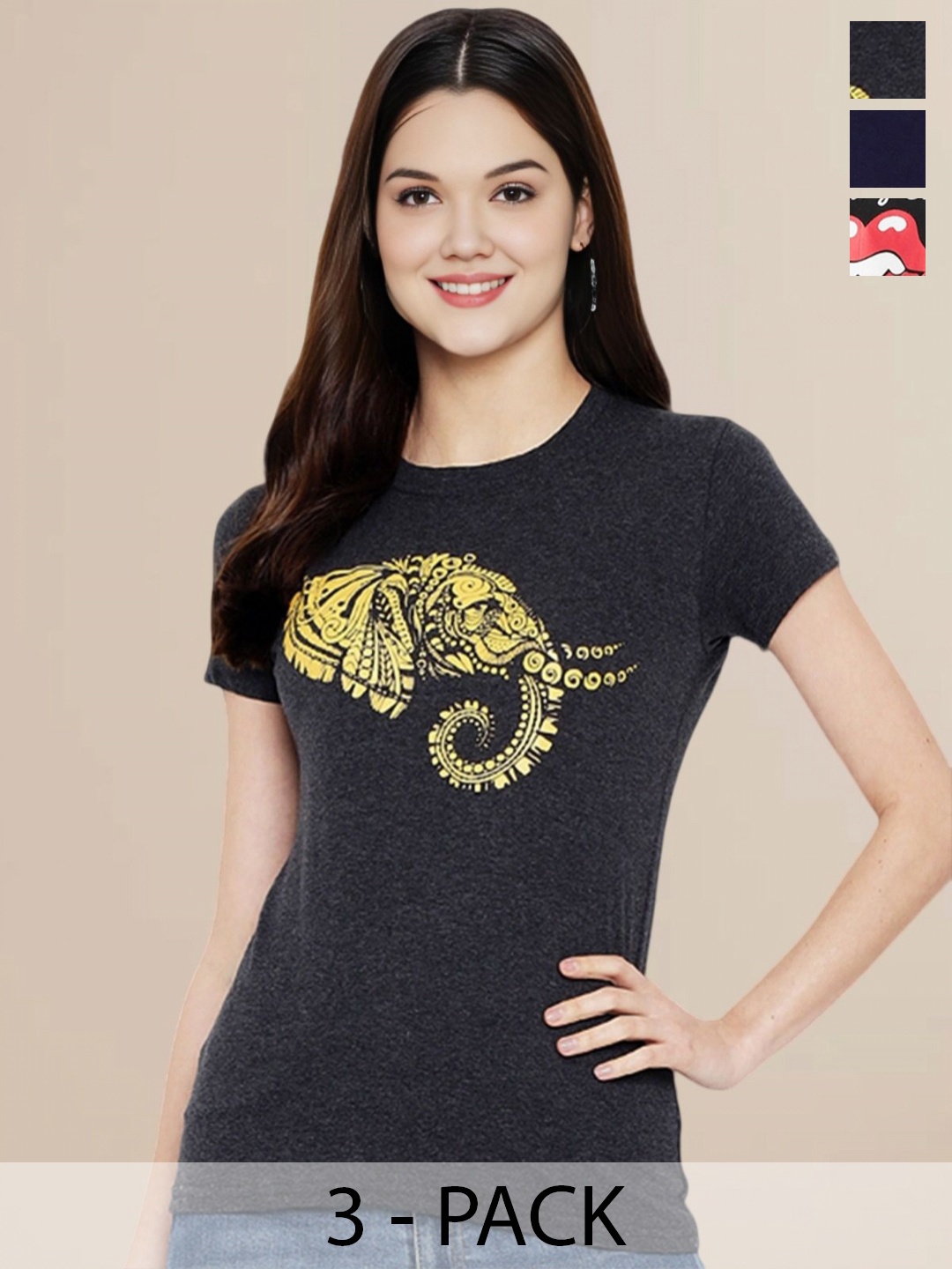 

Metronaut Women Pack Of 3 Typography Printed Round Neck Cotton T-shirts, Charcoal