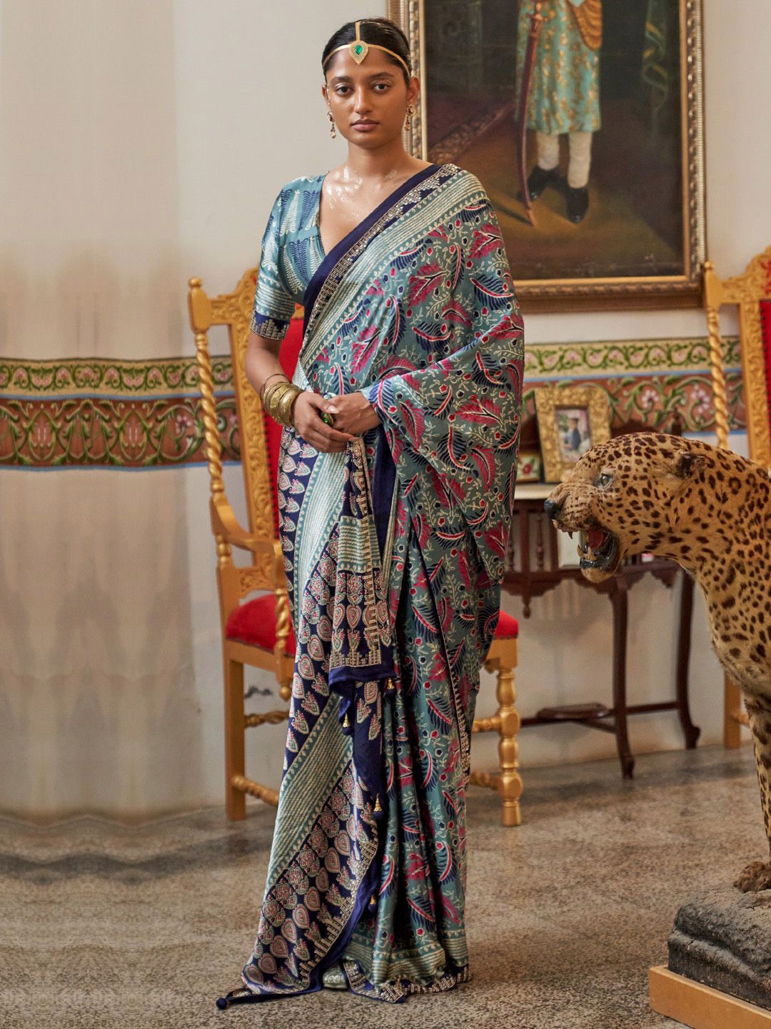 

Saree mall Ethnic Motifs Beads and Stones Poly Crepe Designer Block Print Sarees, Blue