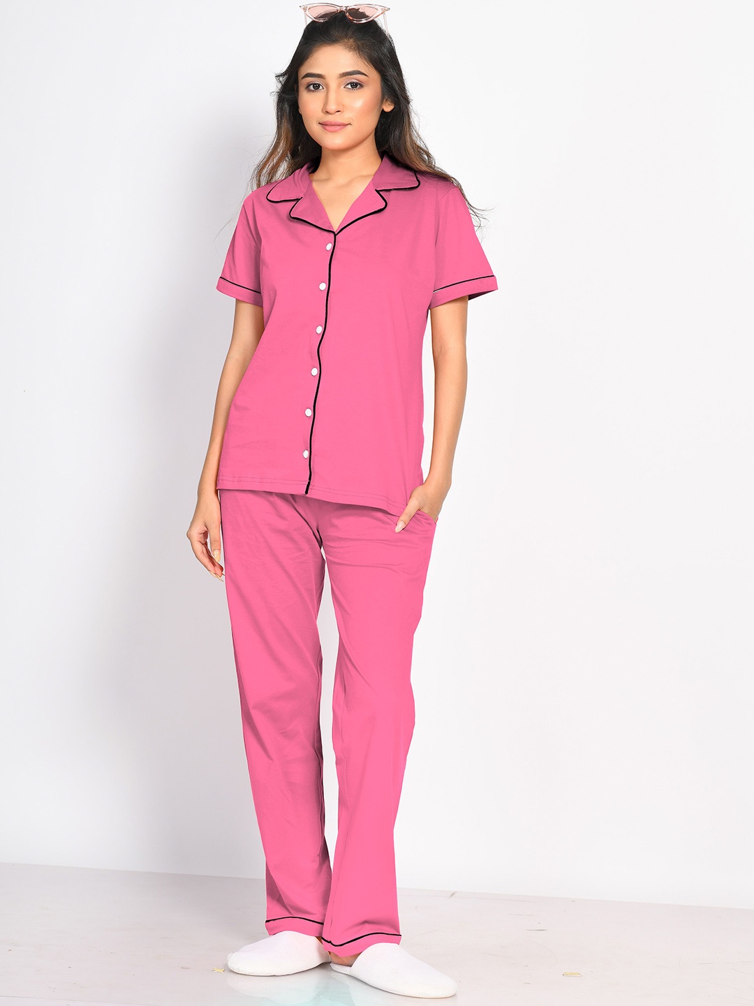 

NAP STORY Pink Solid Shirt & Pyjama Nightsuit