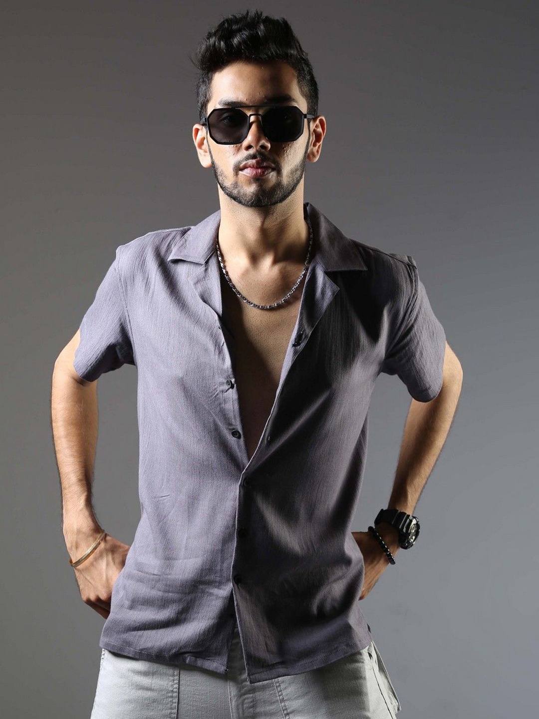 

NEVER NEUD Men Relaxed Natural Stretch Casual Shirt, Grey