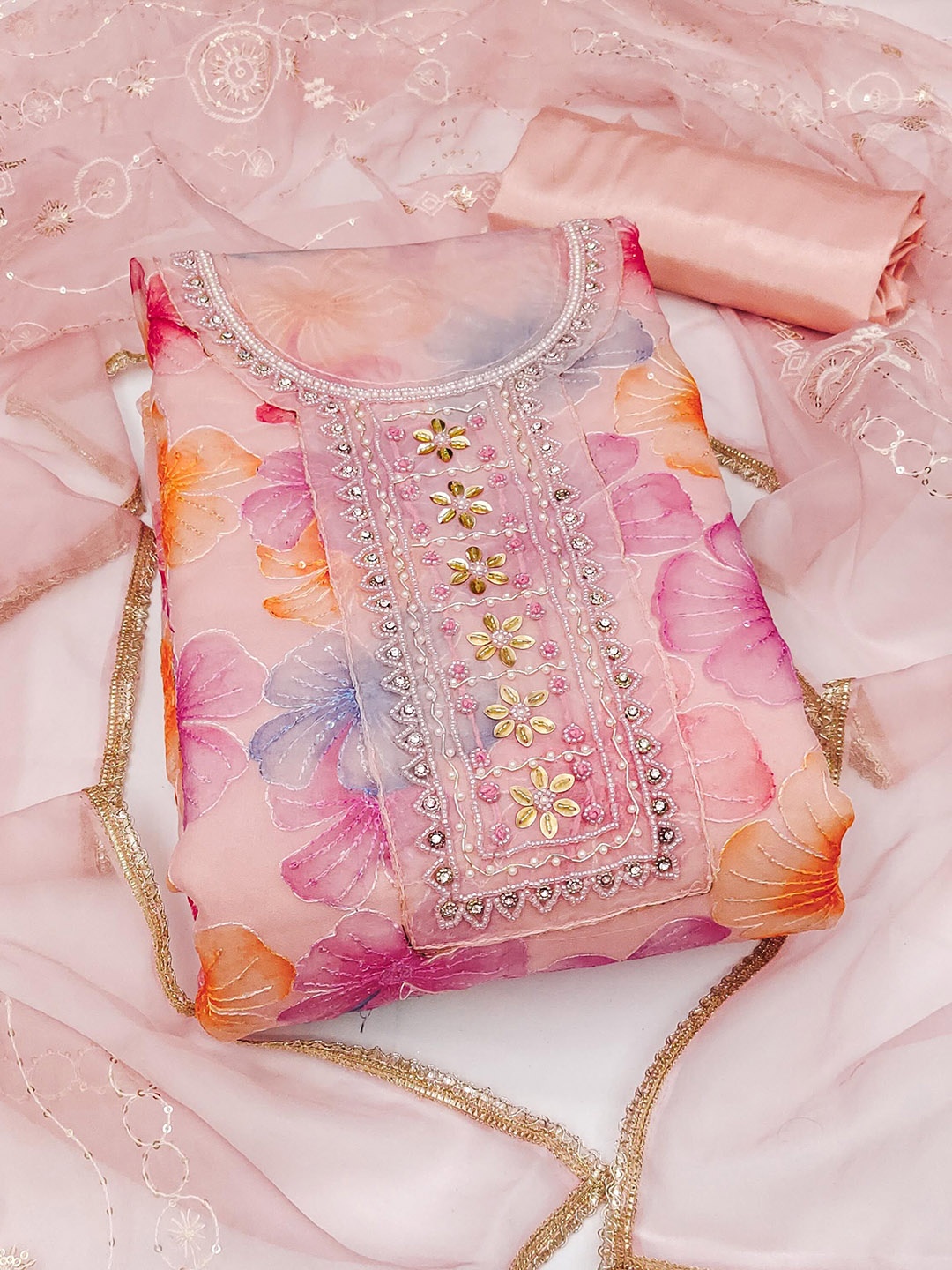 

KALINI Embroidered Organza Unstitched Dress Material, Peach