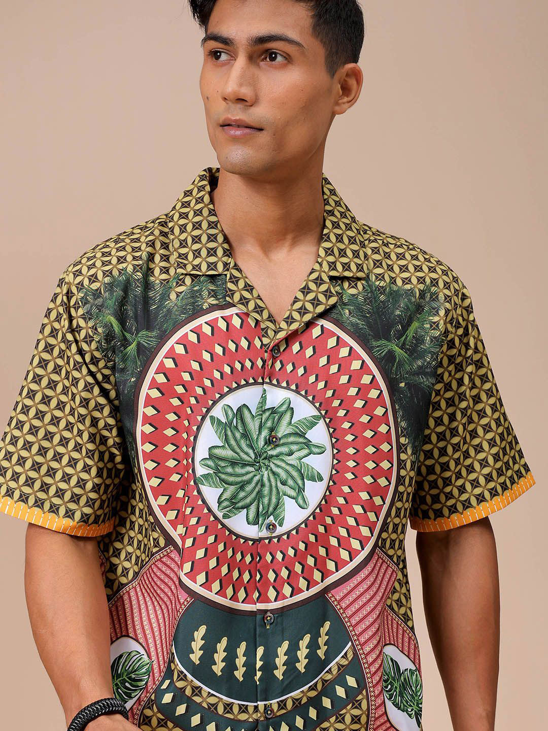 

The Indian Garage Co Men Cuban Collar Graphic Printed Oversied Resortwear Shirt, Yellow