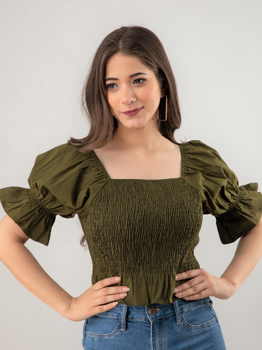 

all about you Women Puff Sleeve Fitted Crop Top, Green