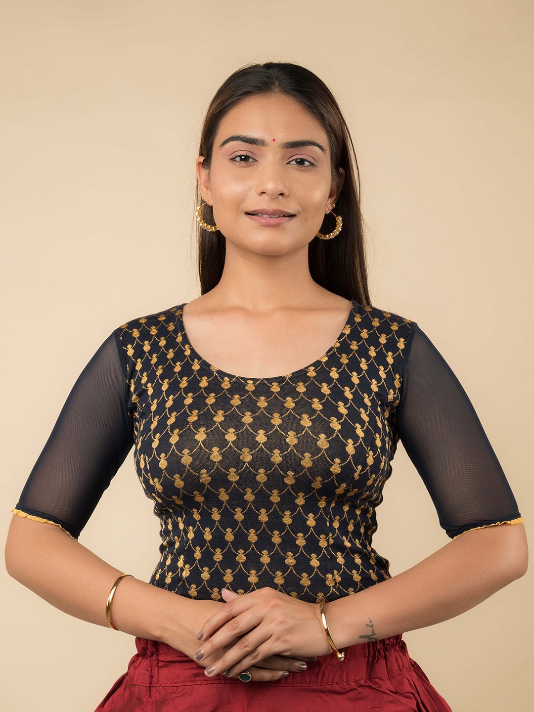 

Bindigasm's Advi Patterned Stretchable Saree Blouse, Navy blue