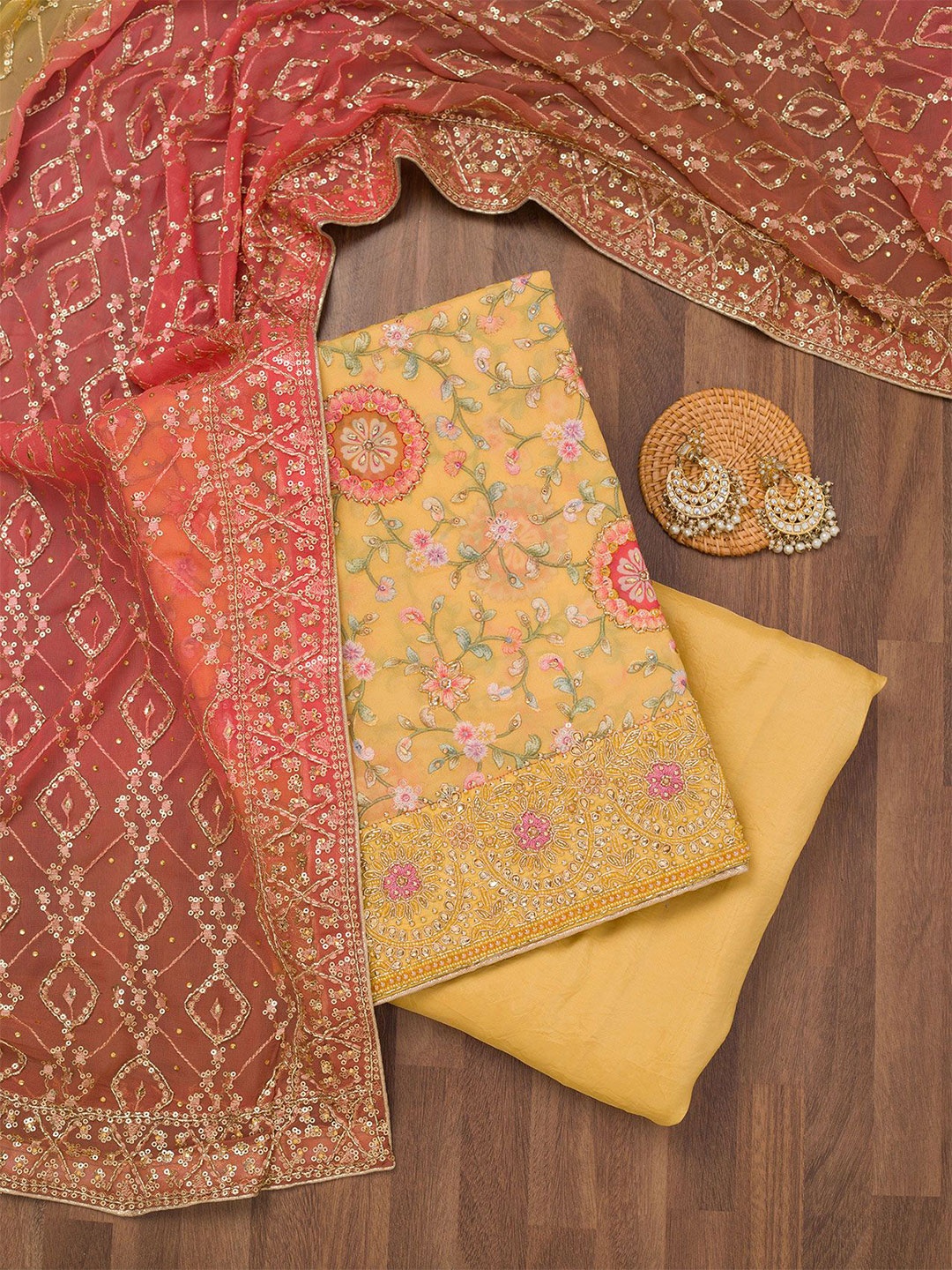 

Koskii Embroidered Unstitched Dress Material, Yellow