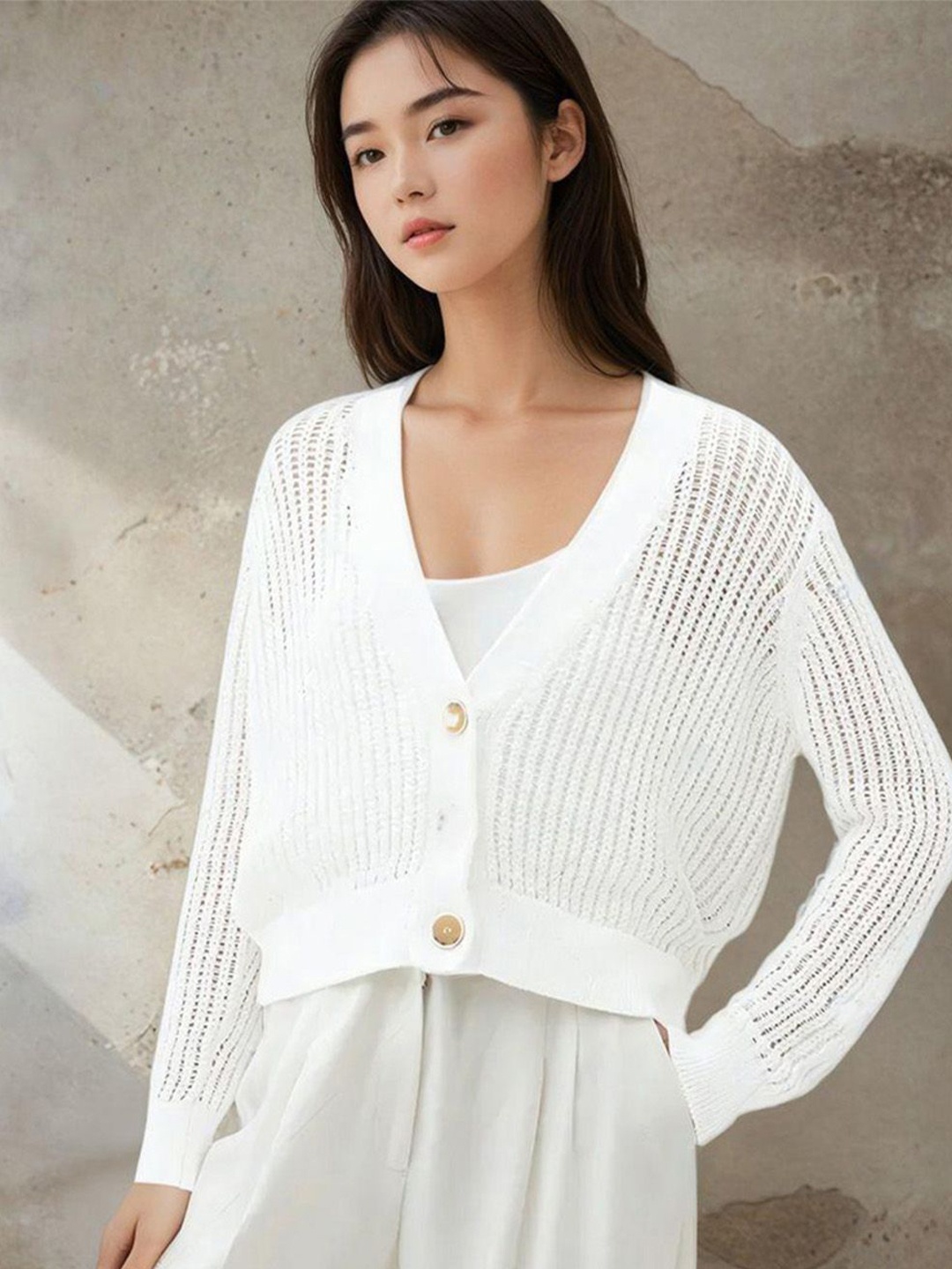 

Stylecast X Kotty Women Self Design Open Knit Crop Cardigan, White