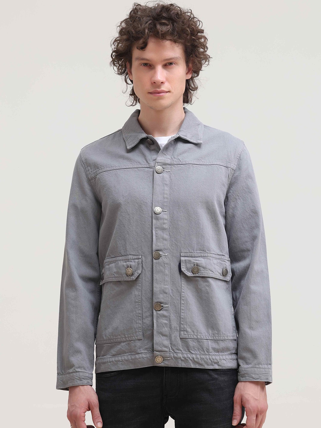

Grit and Flair Men Washed Cotton Denim Jacket, Grey