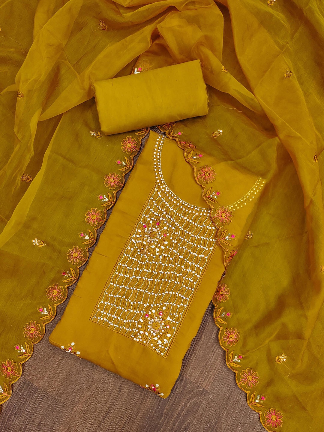 

KALINI Embroidered Pure Silk Unstitched Dress Material, Mustard