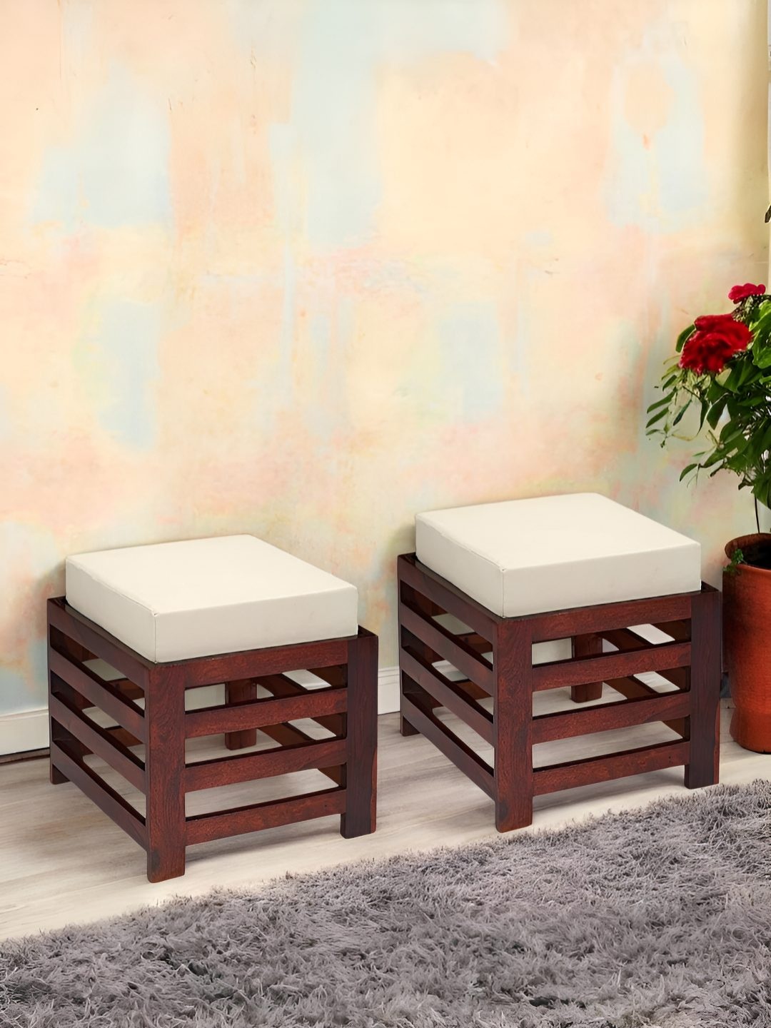 

Ikiriya 2-Pcs Off White & Brown Square Wooden Stool with Jute Cushion