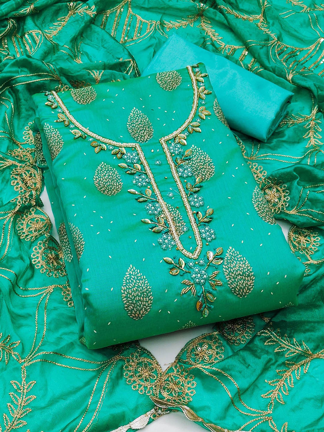 

KALINI Printed Pure Cotton Unstitched Dress Material, Sea green