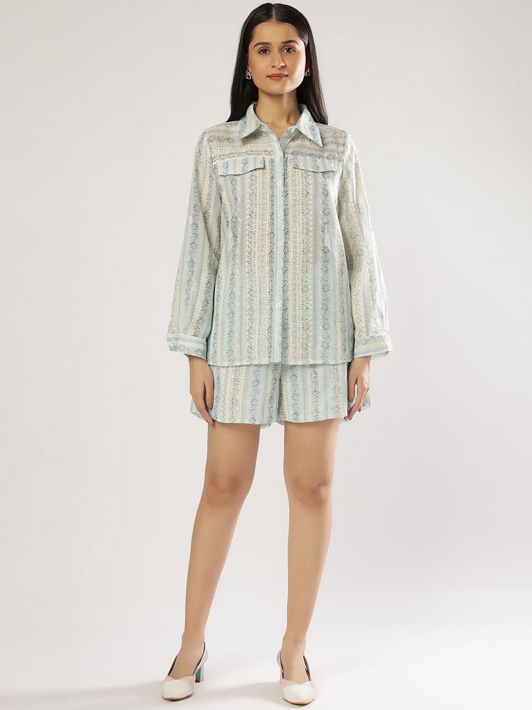 

PEACH & PANDA Floral Printed Shirt & Shorts Co-Ords, Sea green