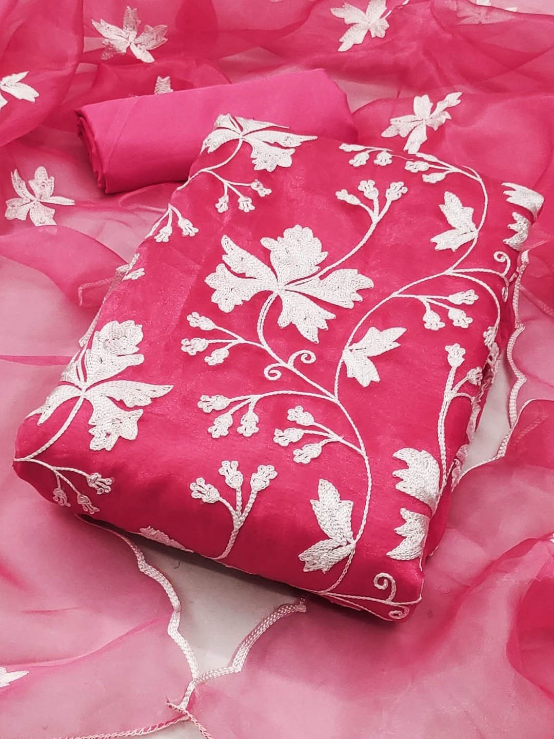 

ZEEPKART Organza Unstitched Dress Material, Pink