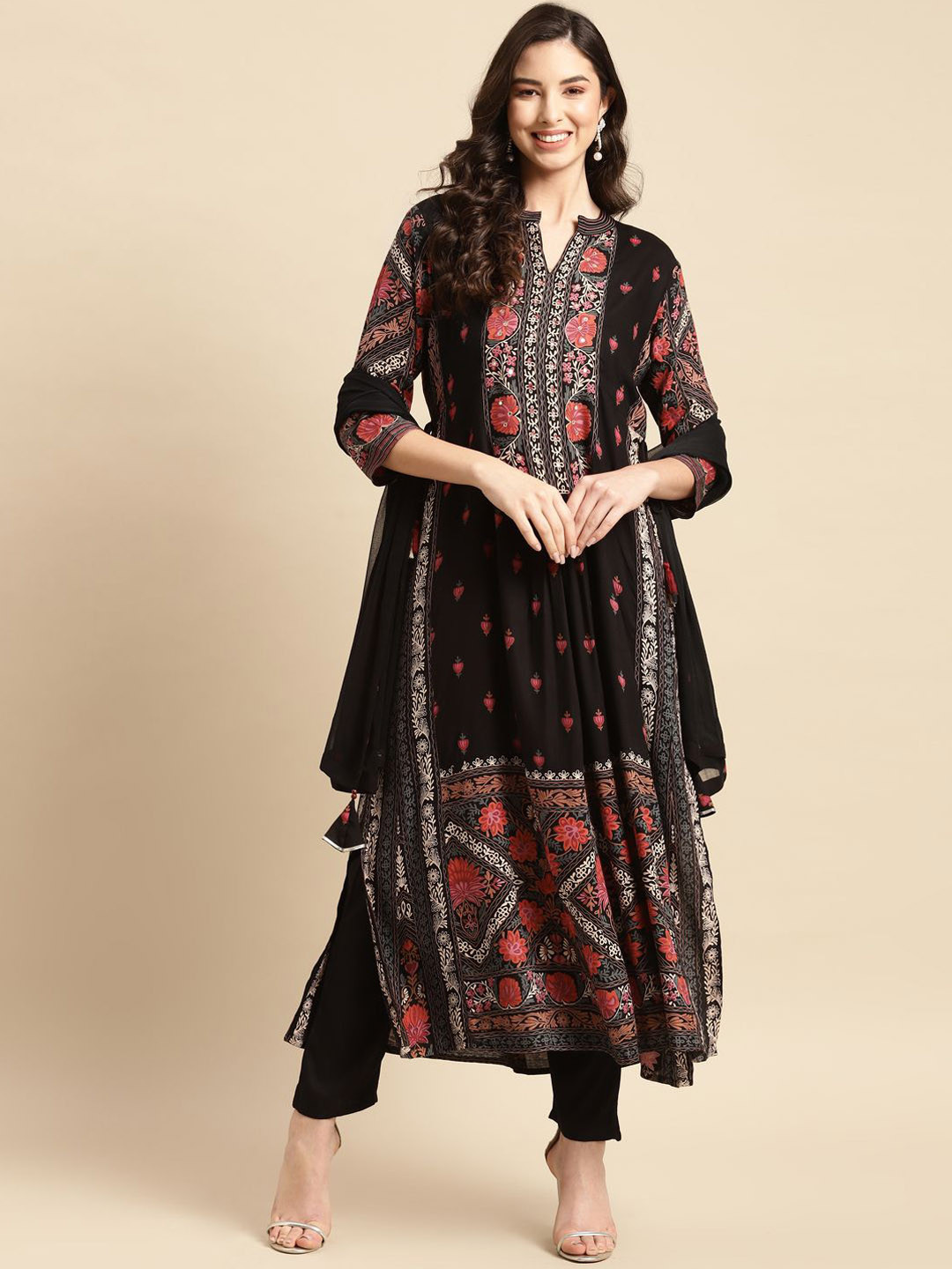 

Prakhya Women Floral Printed Pure Cotton Kurta with Trousers & With Dupatta, Black