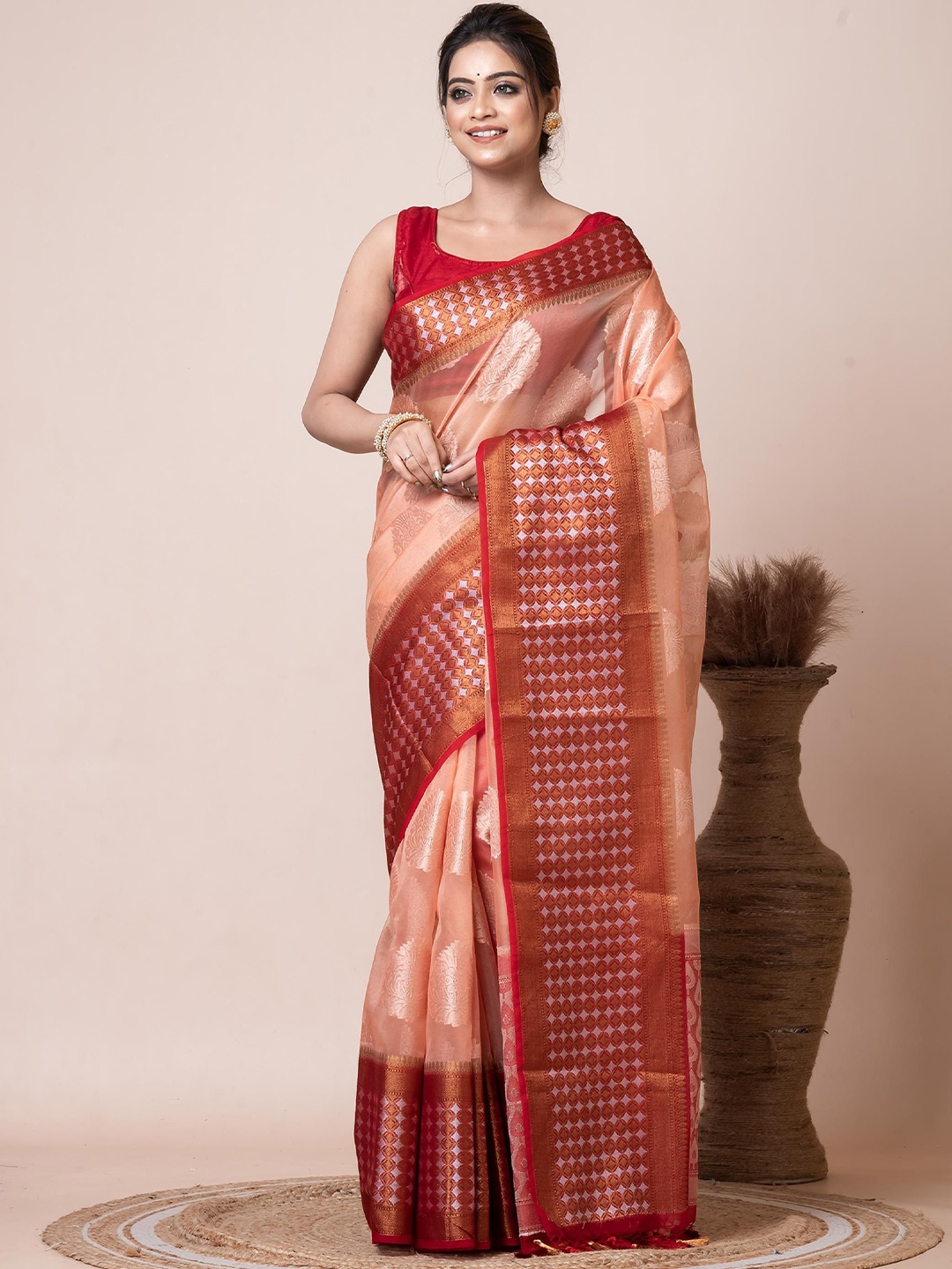 

VIBHAVARI Woven Design Zari Organza Saree, Peach