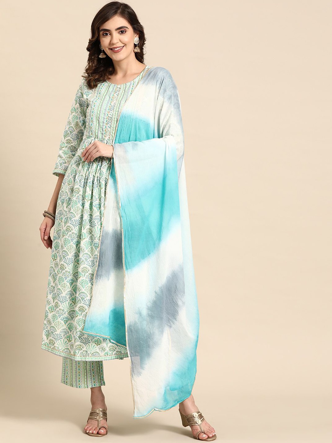 

Prakhya Women Floral Printed Regular Zardozi Pure Cotton Kurta with Trousers & With Dupatta, Blue