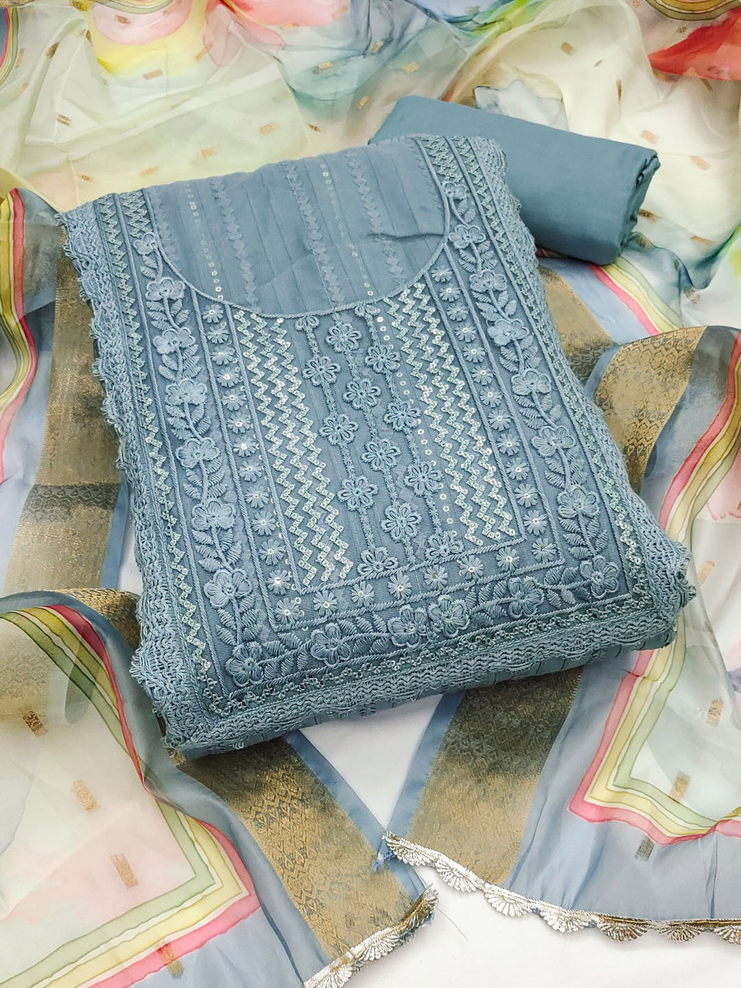 

KALINI Embroidered Pure Silk Unstitched Dress Material, Grey
