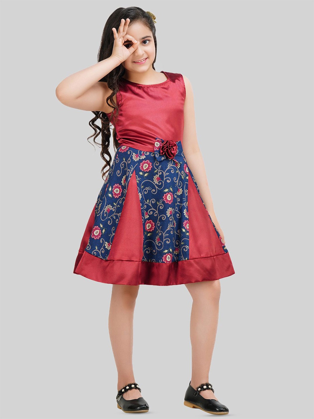 

BEING NAUGHTY Girls Floral Printed Sleeveless Fit & Flare Dress, Red