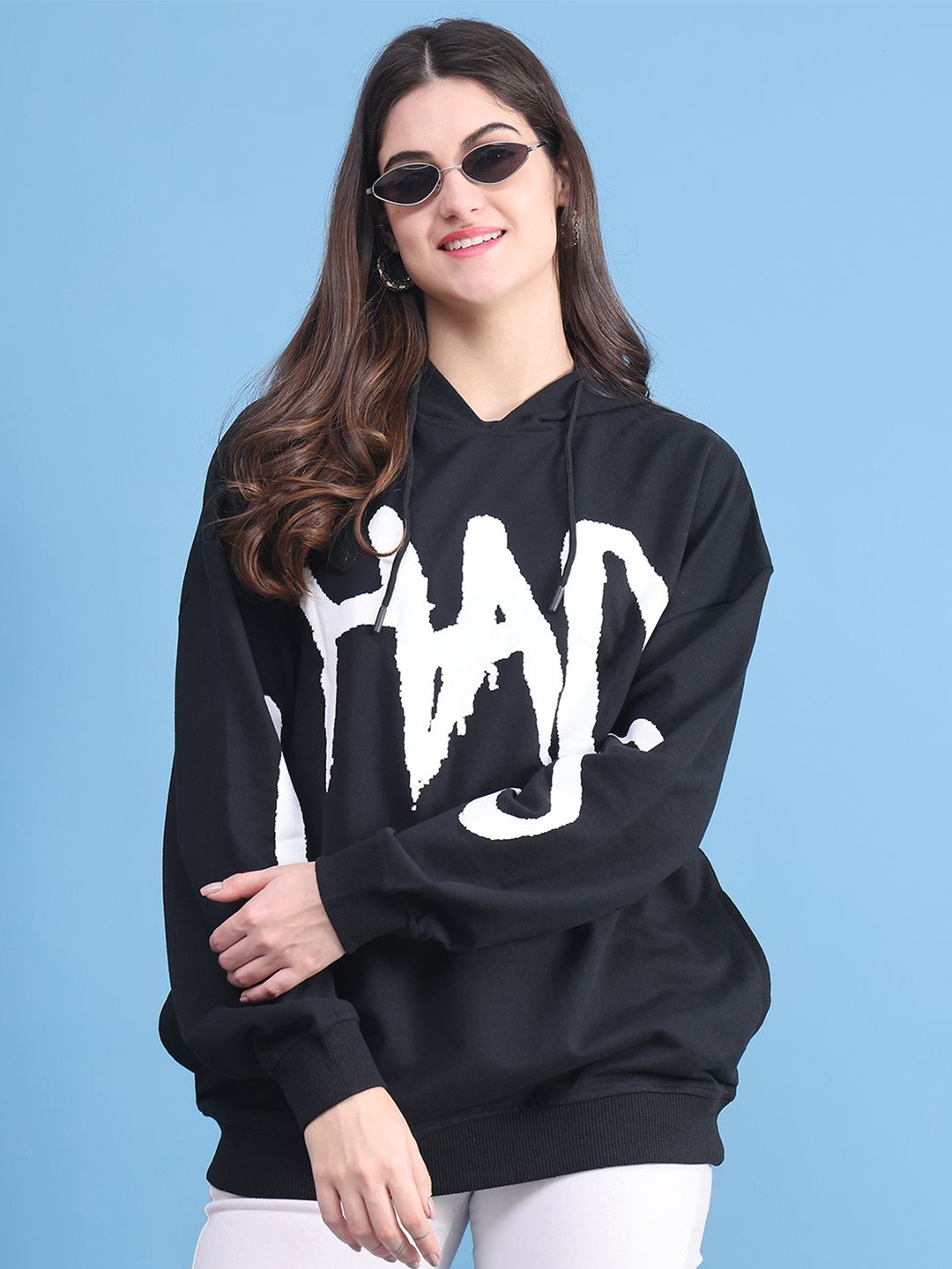 

DOOR74 Women Printed Hooded Pullover Sweatshirt, Black