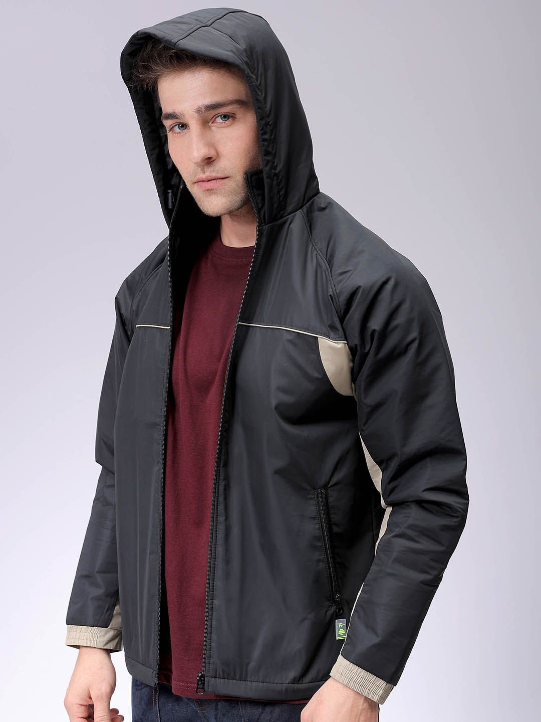 

The Indian Garage Co Men Colourblocked Puffer Jacket with Embroidered, Black
