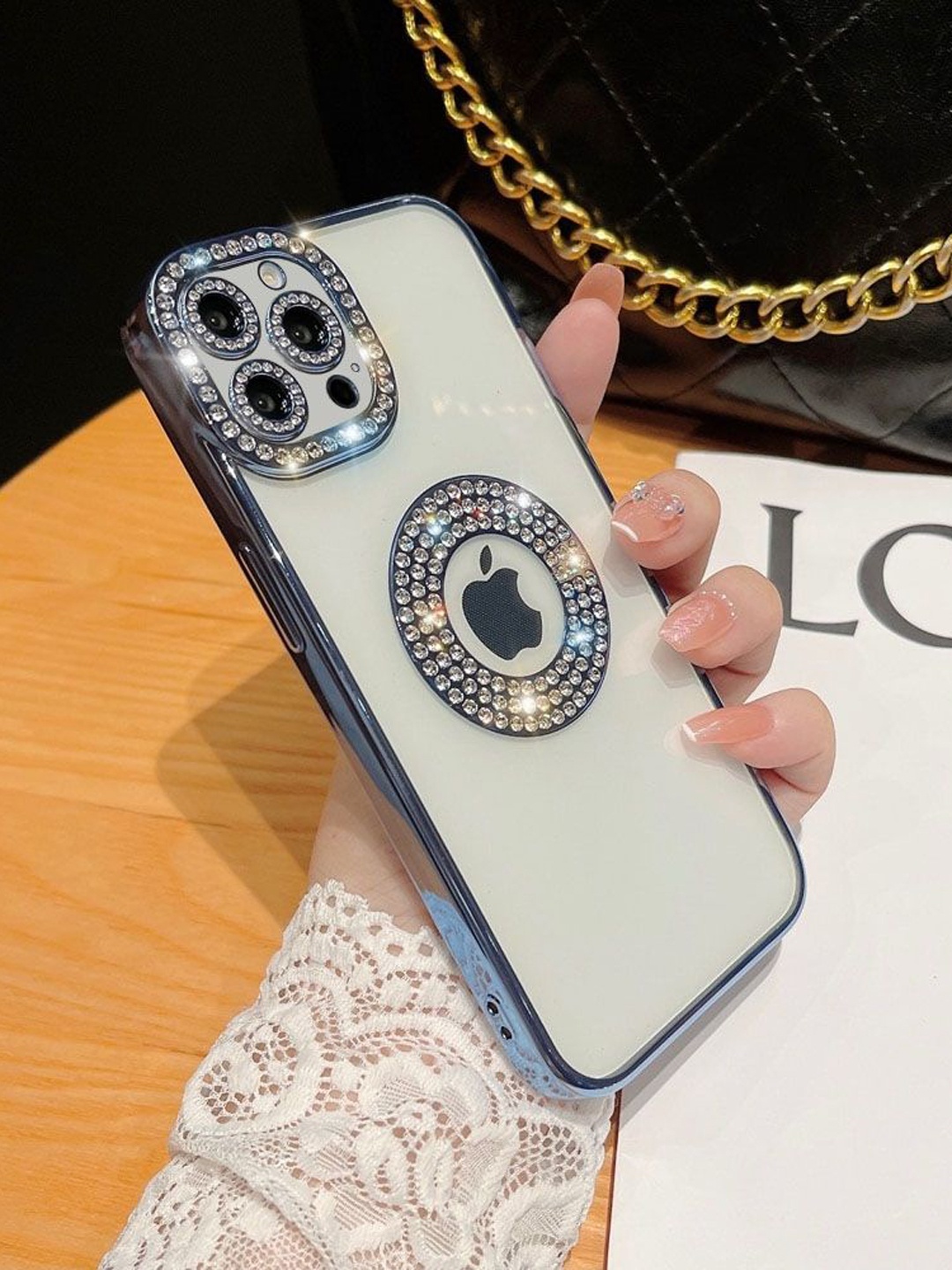 

Luxury Kase Embellished iPhone 14 Pro Back Case, Blue