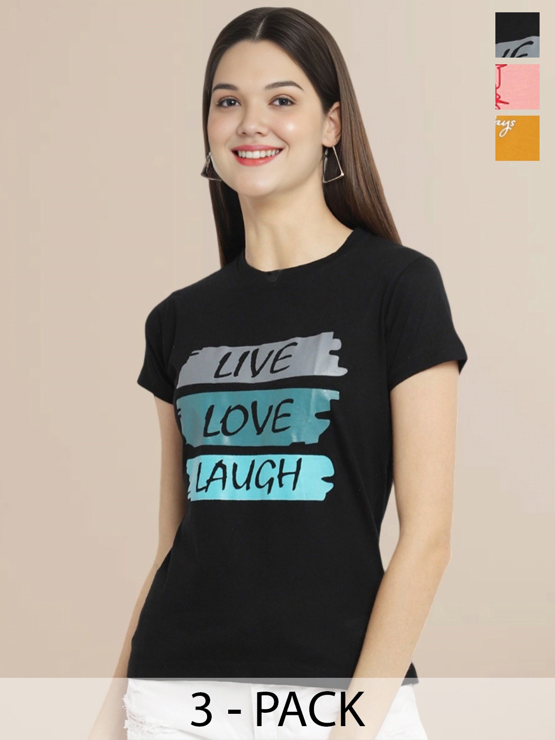 

Metronaut Women Pack Of 3 Typography Printed Round Neck Cotton T-shirts, Peach