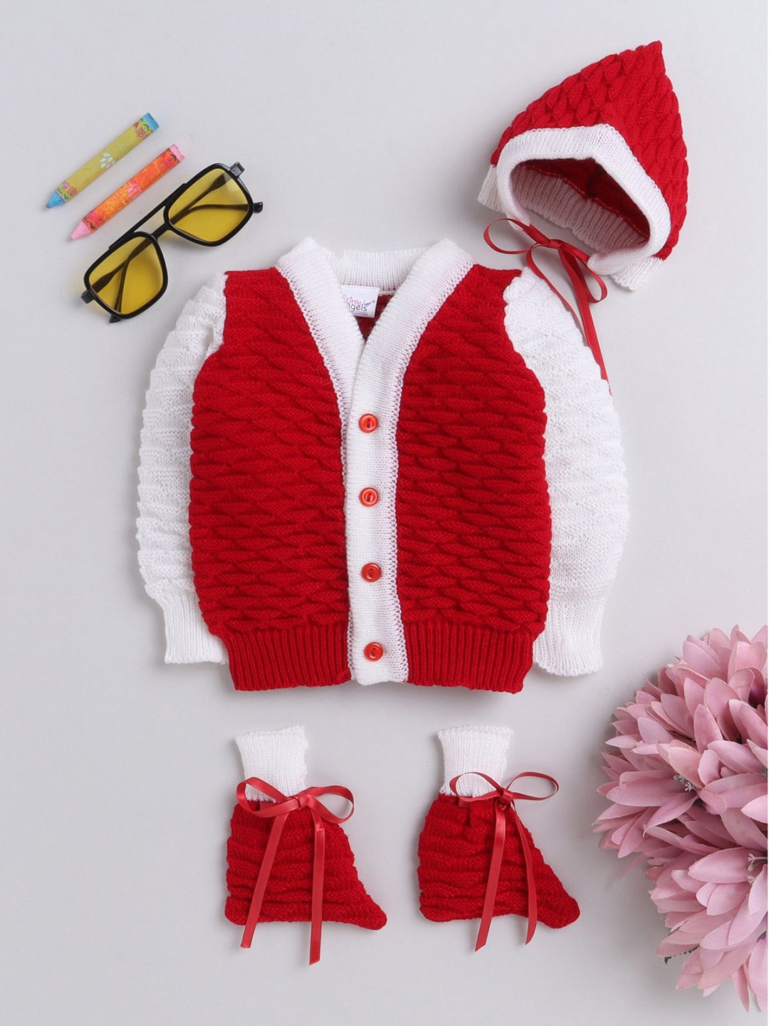 

Little Angels Kids Red & White Cable Knit Cardigan with Matching Cap And Socks
