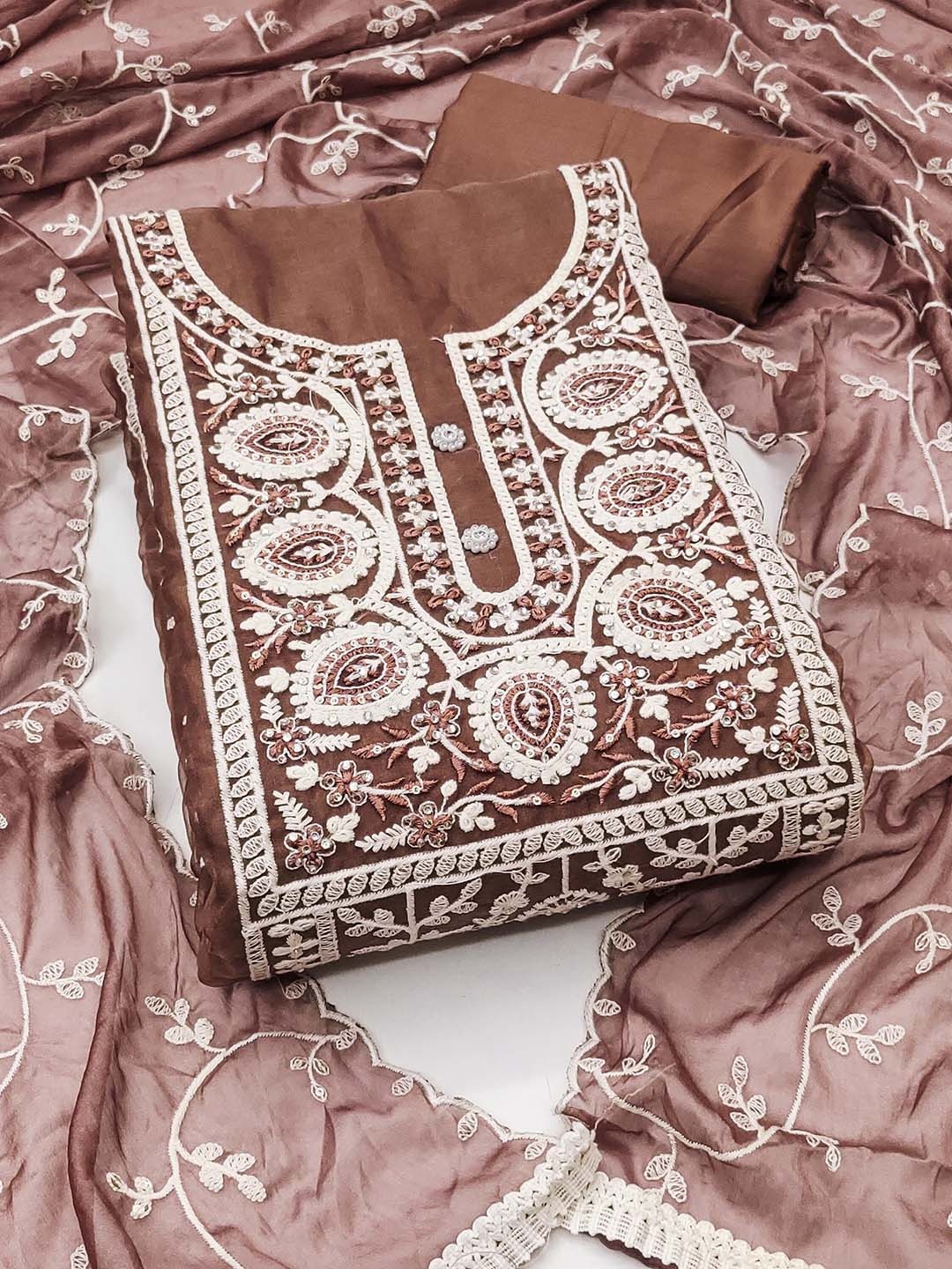 

KALINI Embroidered Organza Unstitched Dress Material, Rust