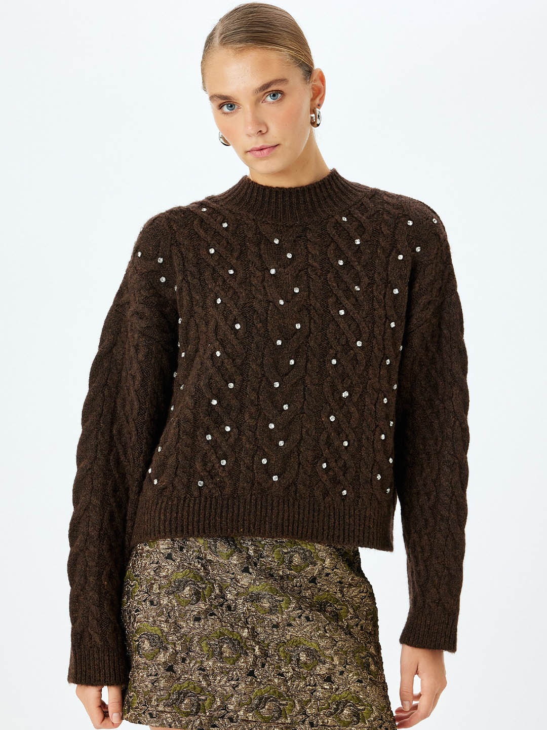 

Koton Women Cable Knit Long Sleeves Pullover, Brown