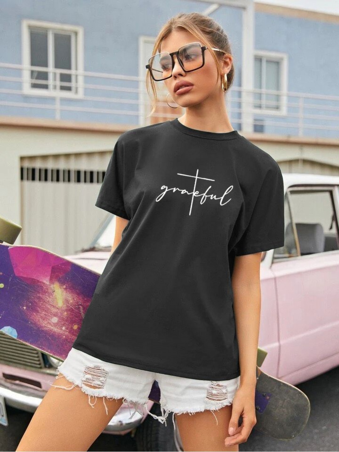 

BOMBAE TEES Women Typography Printed V-Neck Bio Finish Applique T-shirt, Black