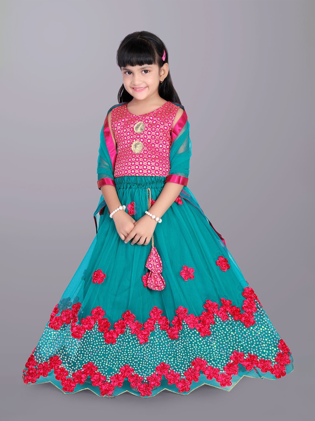 

BAESD Girls Embroidered Sequinned Ready to Wear Lehenga & Blouse With Dupatta, Teal