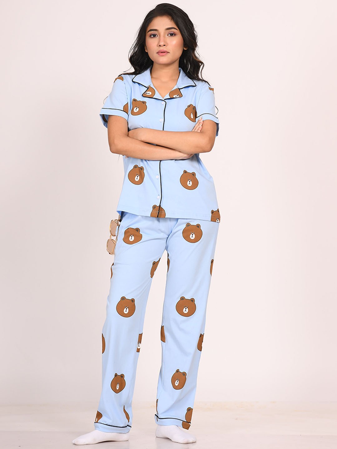 

NAP STORY Bear Printed Shirt & Pyjama Nightsuit, Blue