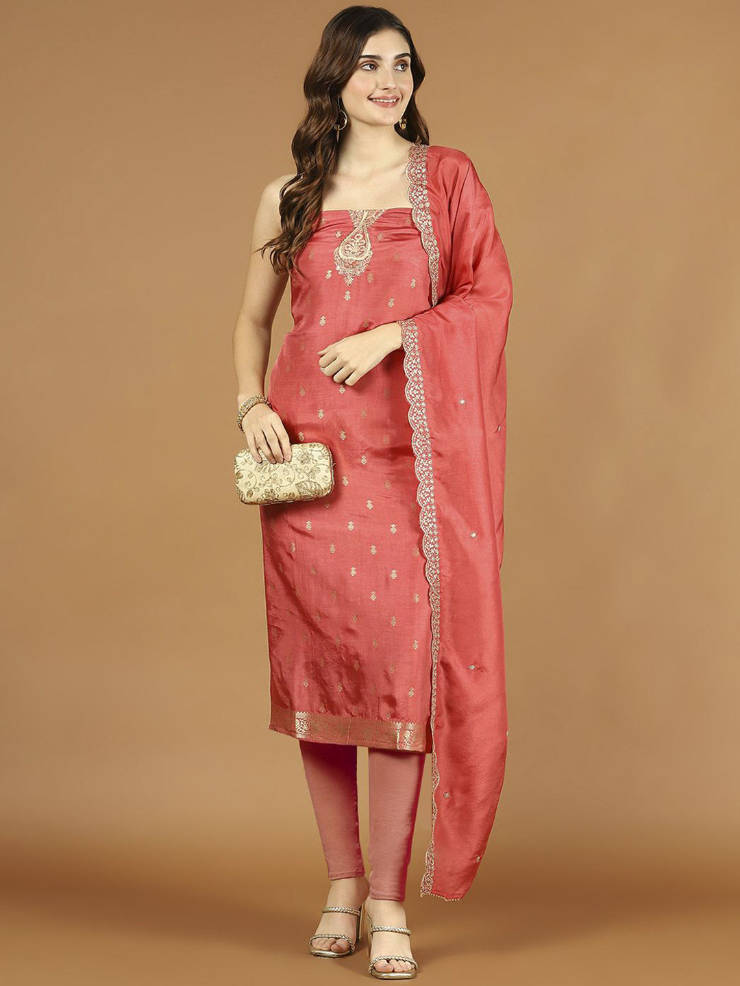 

Meena Bazaar Ethnic Motifs Woven Chanderi Unstitched Dress Material, Pink