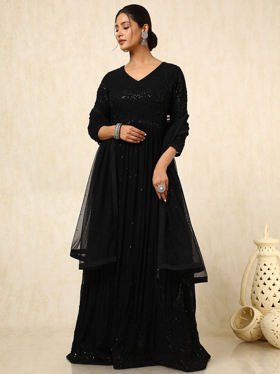 

Soch Women Embroidered Pleated Sequinned Kurta with Churidar & With Dupatta, Black