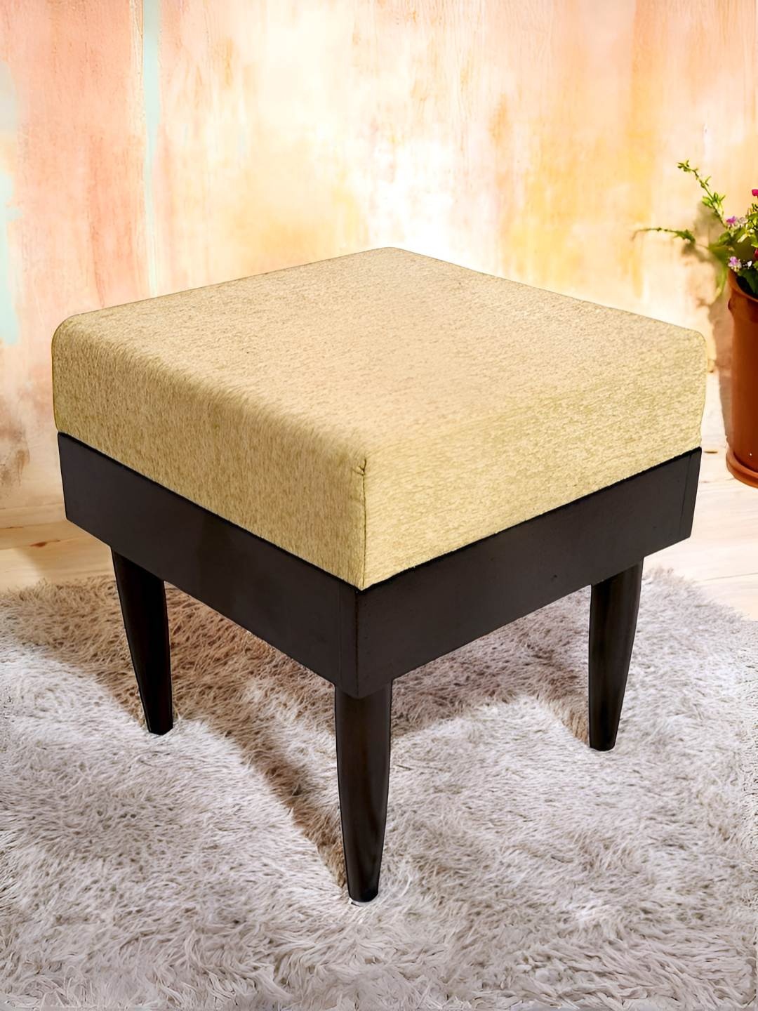 

Ikiriya Lisbon Sheesham Wooden Accent Square Stool In Beige Mossy Fabric Upholstery