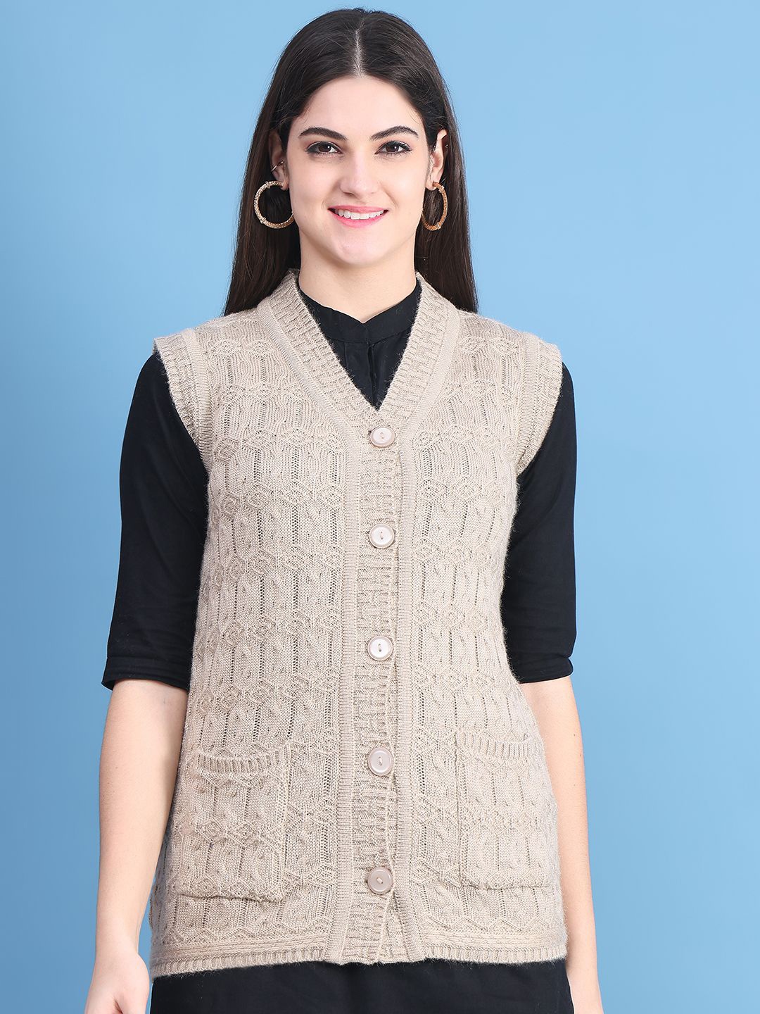 

PERFECT LINE Women Self Design V-neck Cardigan, Beige
