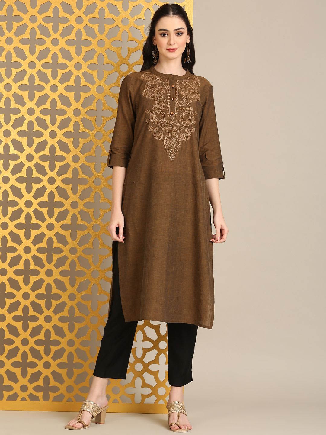 

Anouk Women Ethnic Motifs Embroidered Thread Work Kurta, Brown