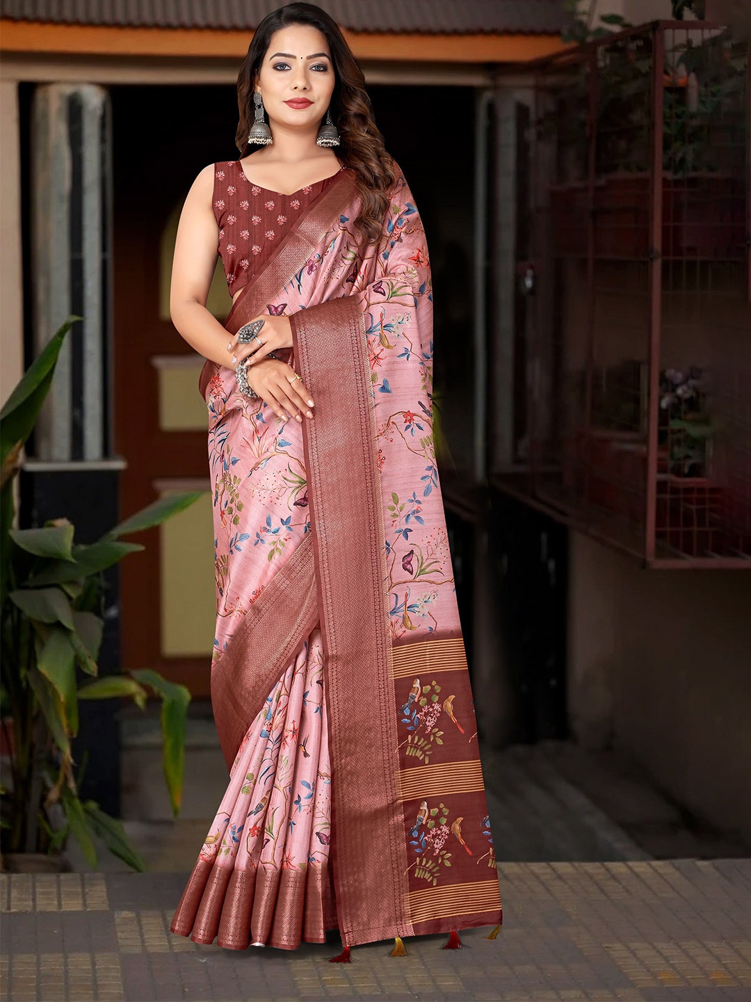 

J 6 DESIGNER Floral Woven Design Saree, Peach