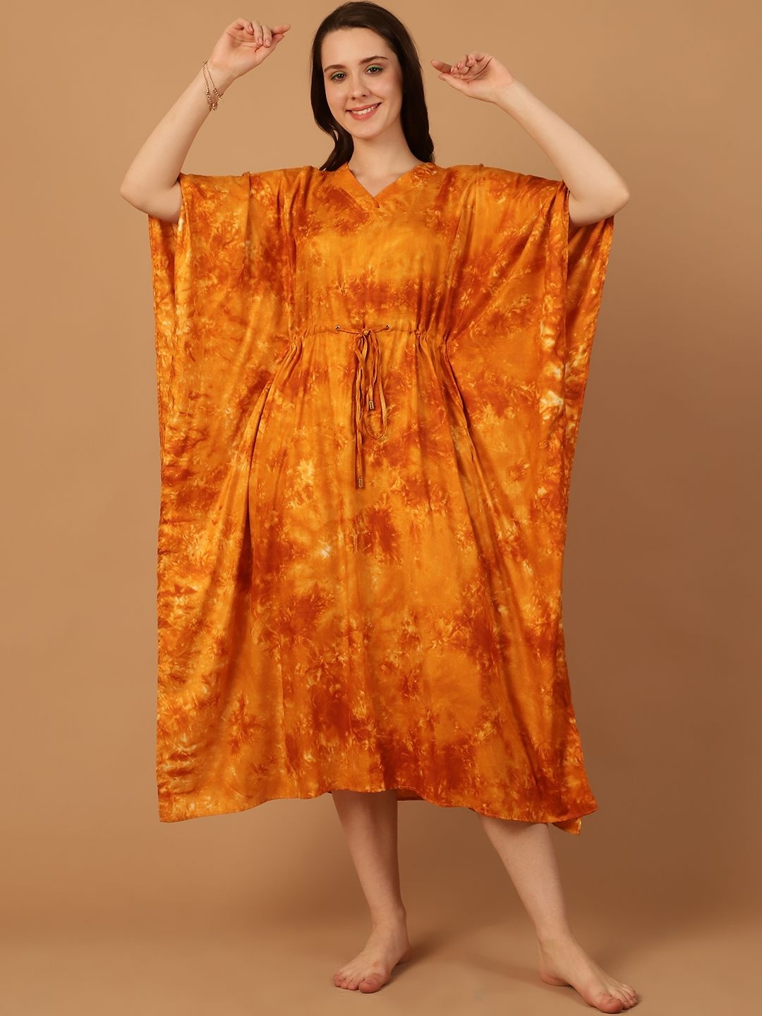 

Blissence Women Everyday Tie and Dye Printed Kaftan Nightdress, Mustard
