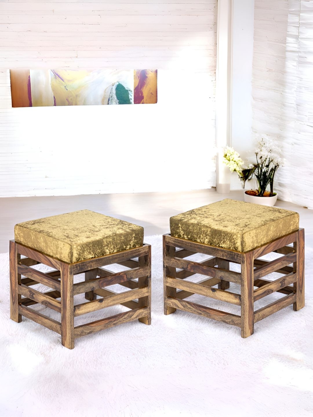 

Ikiriya Set of 2 Sheesham Wood in Teak Finish Contemporary Stools With Velvet Cushion, Green