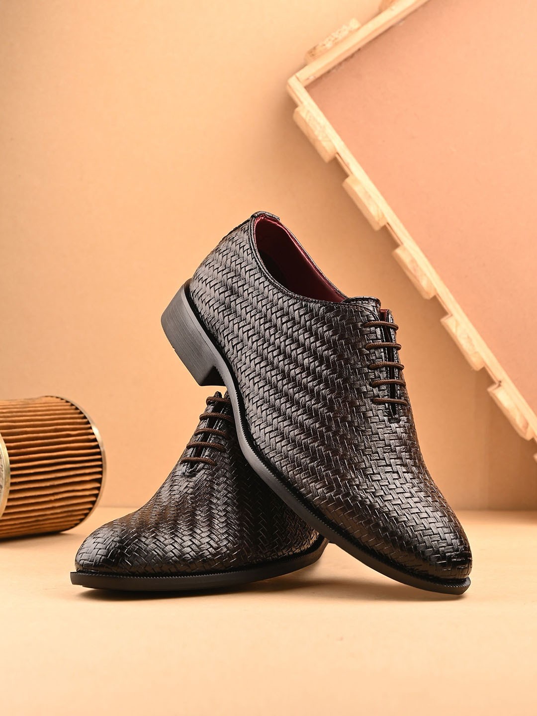 

House of Pataudi Men Comfort Fit Textured Formal Derbys Shoes, Brown