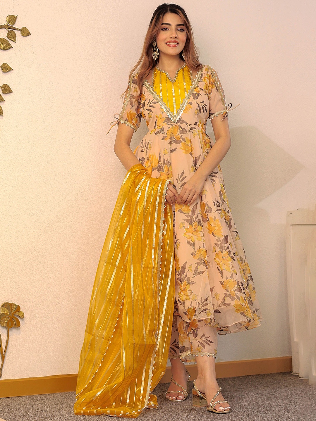 

LABEL ADITI HUNDIA Women Floral Printed Angrakha Sequinned Kurta with Trousers & With Dupatta, Yellow