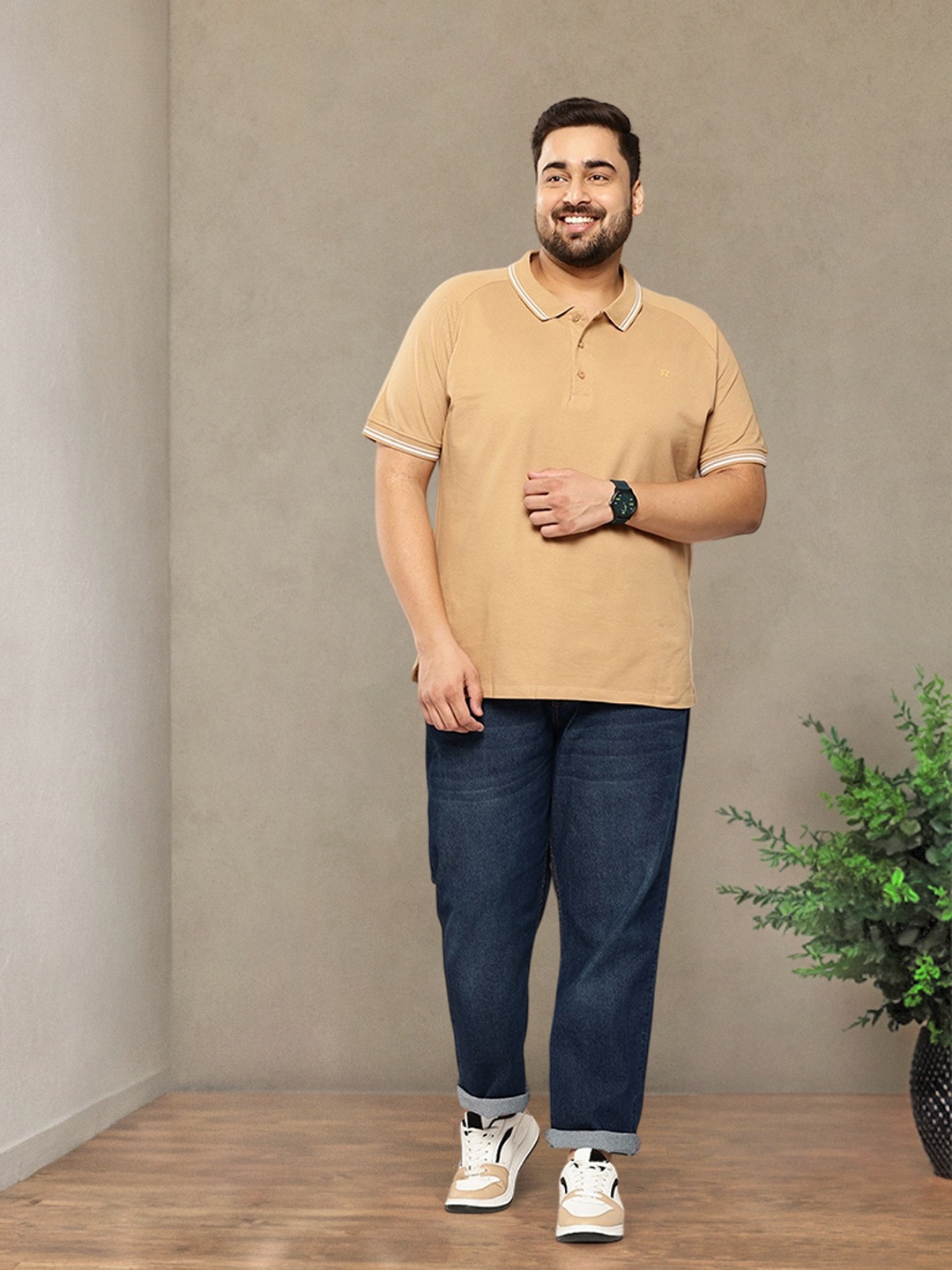 

Sztori Plus Size Polo Collar Pure Cotton T-shirt, Beige