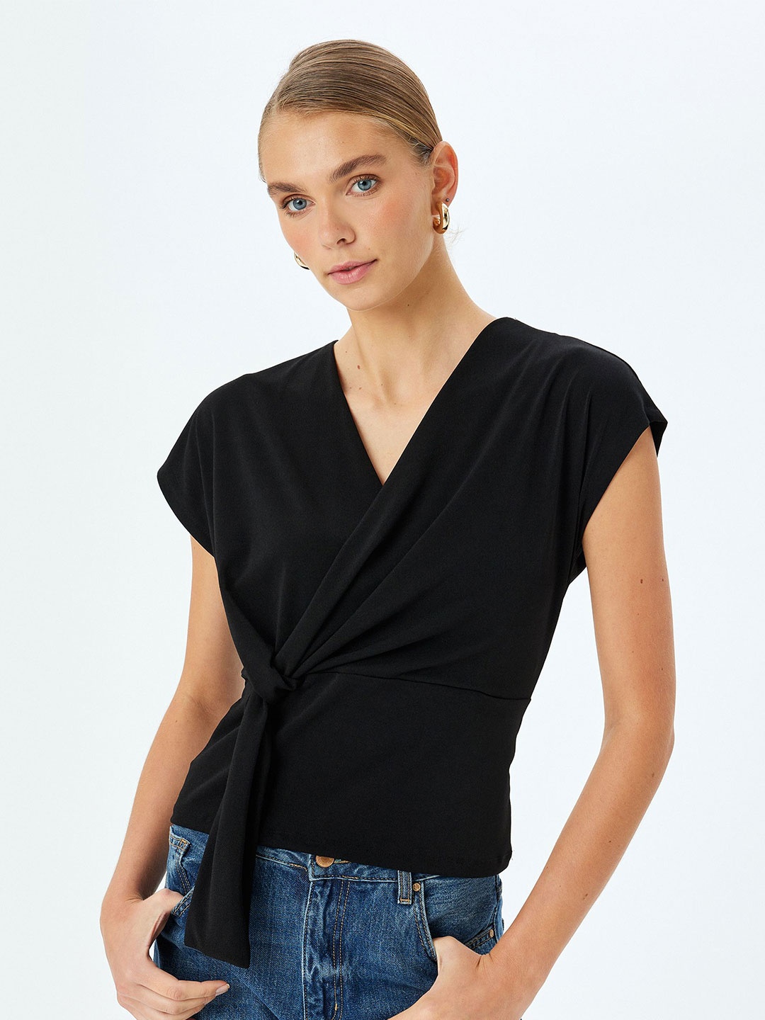 

Koton Women V-Neck Wrap Top, Black