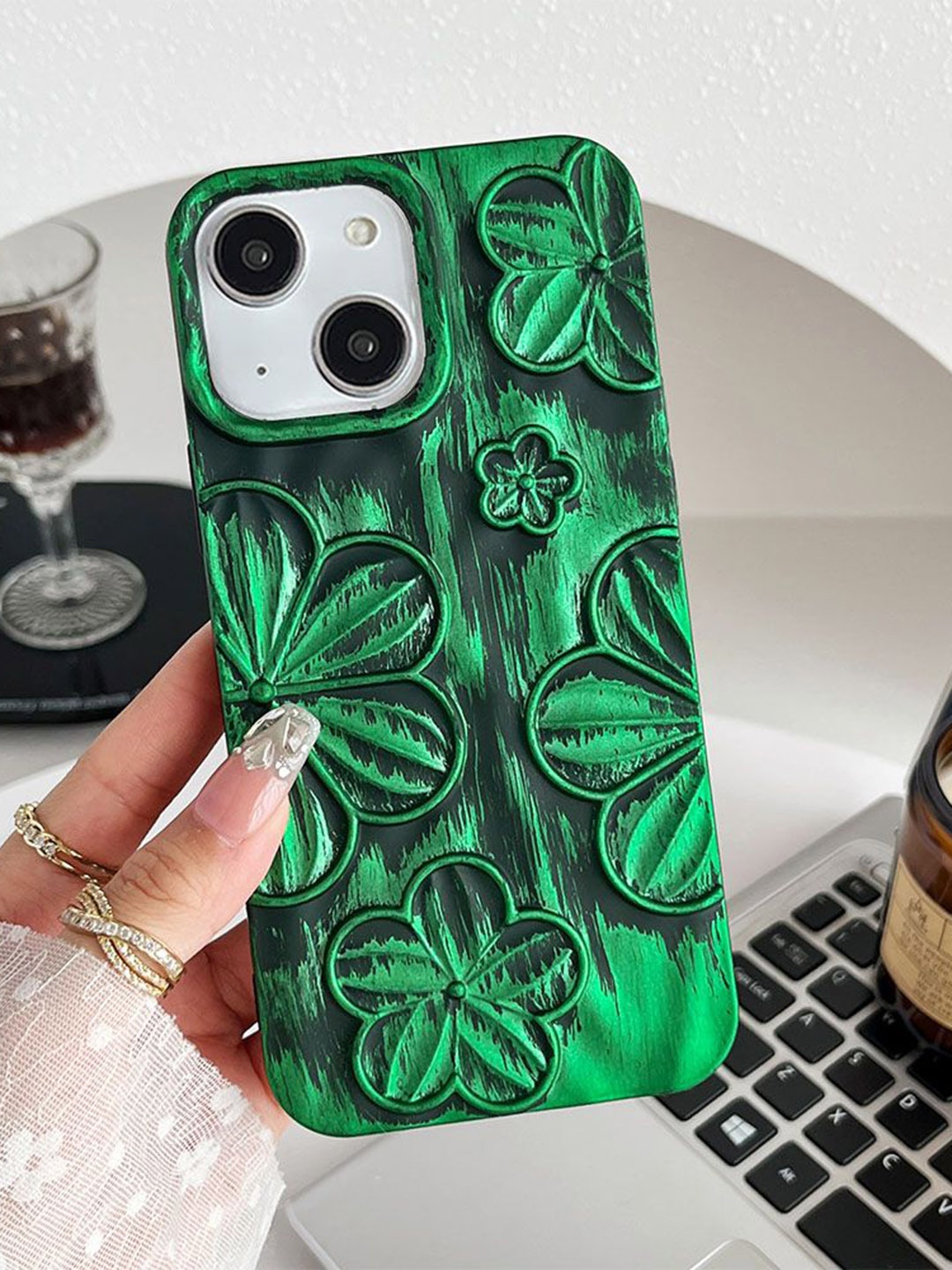 

Luxury Kase Floral Printed iPhone 15 Plus Back Case Mobile Accessories, Green