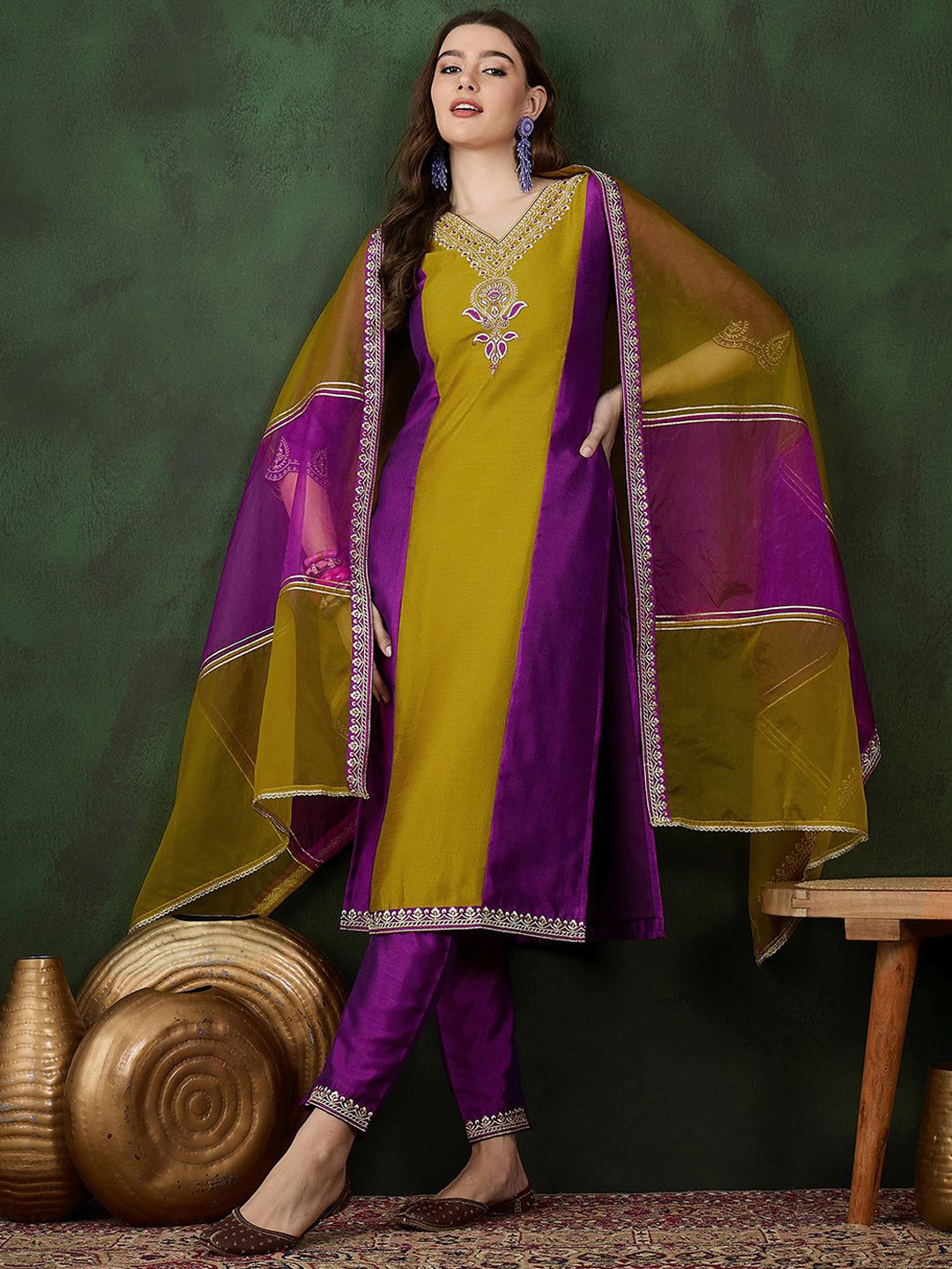 

Sangria Embroidered Straight Kurta & Trousers With Dupatta, Mustard
