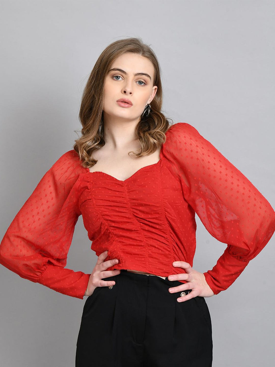 

all about you Women Sweetheart Neck Cuffed Sleeves Crop Top, Red