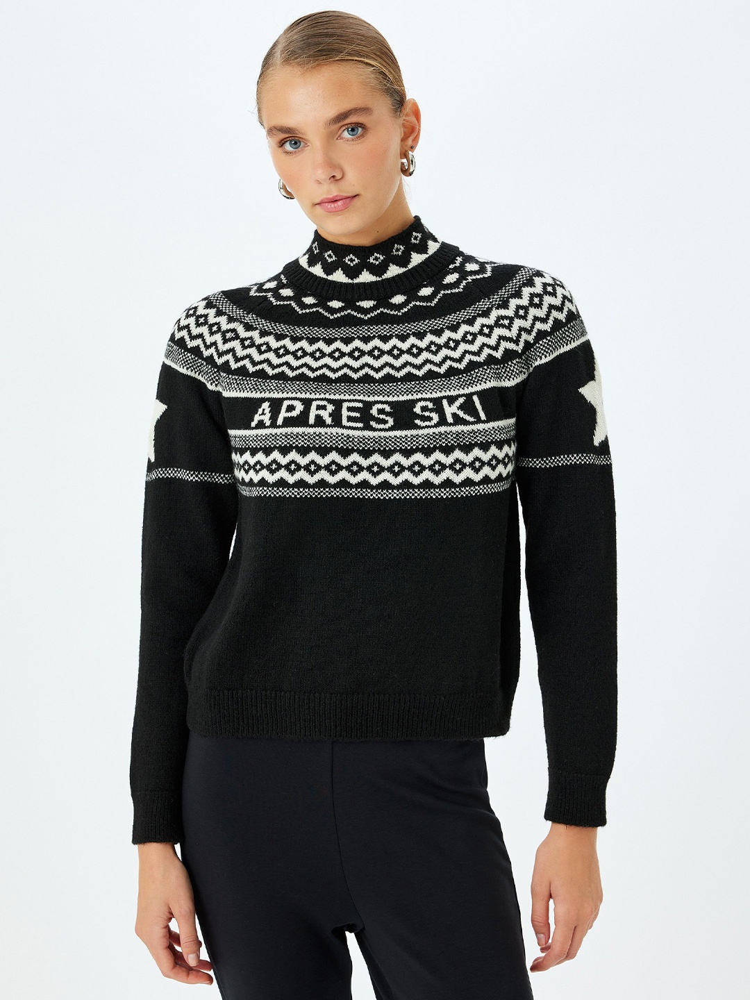 

Koton Women Printed Turtle Neck Pullover, Black