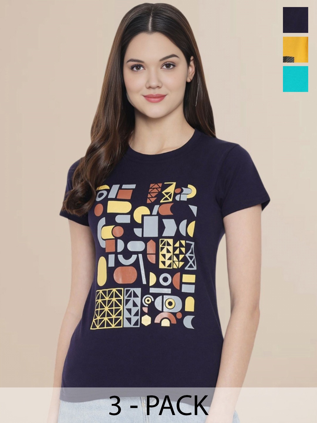 

Metronaut Women Pack Of 3 Typography Printed Round Neck Cotton T-shirts, Mustard