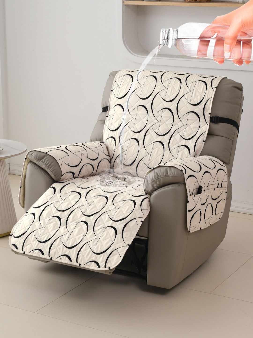 

HOKIPO Beige & Black Printed Polyester Waterproof Recliner Sofa Mat with Pockets